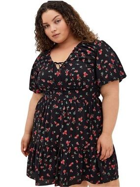 CITY CHIC Daphne Ditsy Floral Babydoll Mini Dress Pockets Black Red Roses Sz 24